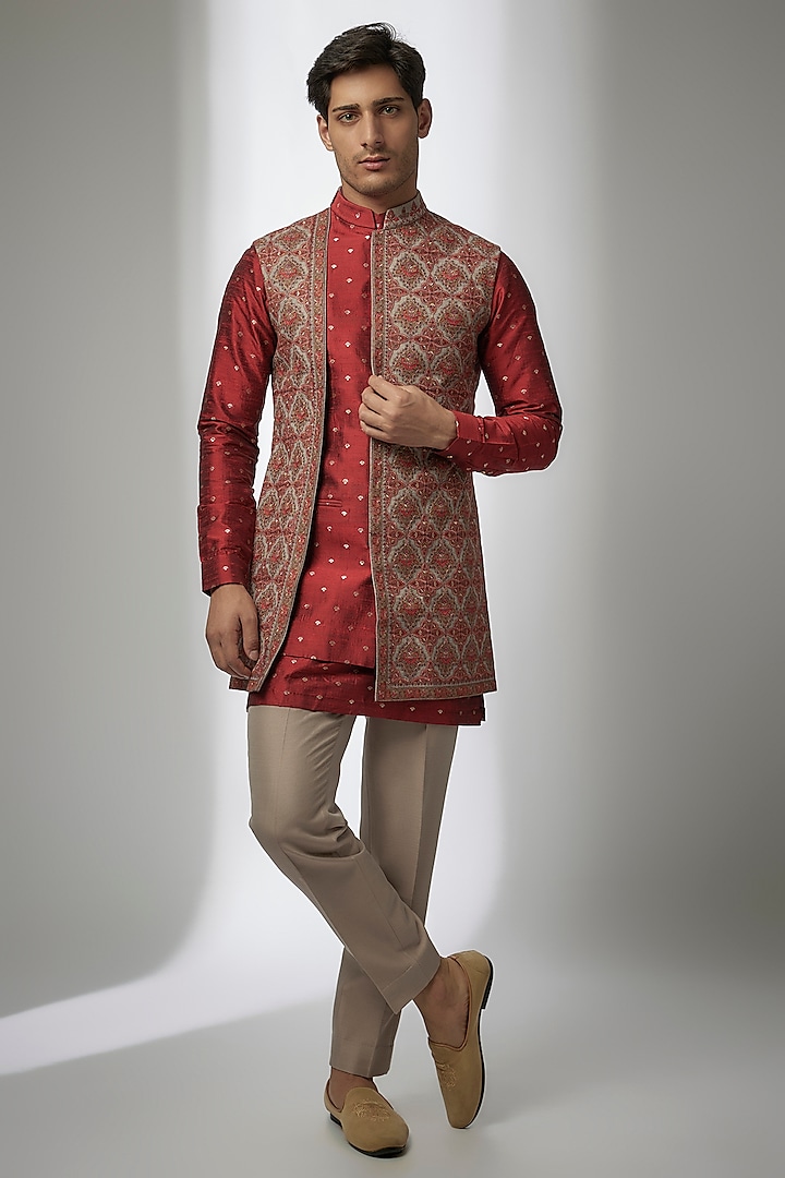 Multi-Colored Silk Kashmiri Embroidered Nehru Jacket Set by Qbik Men