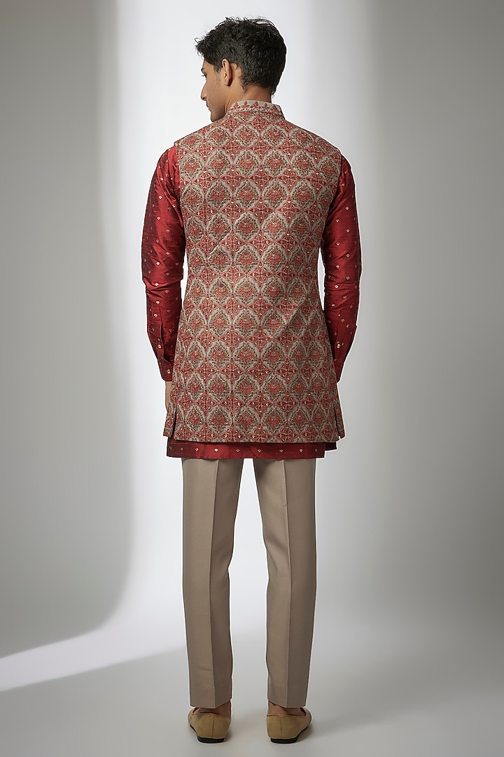 Multi-Colored Silk Kashmiri Embroidered Nehru Jacket Set by Qbik Men at Pernia's Pop Up Shop