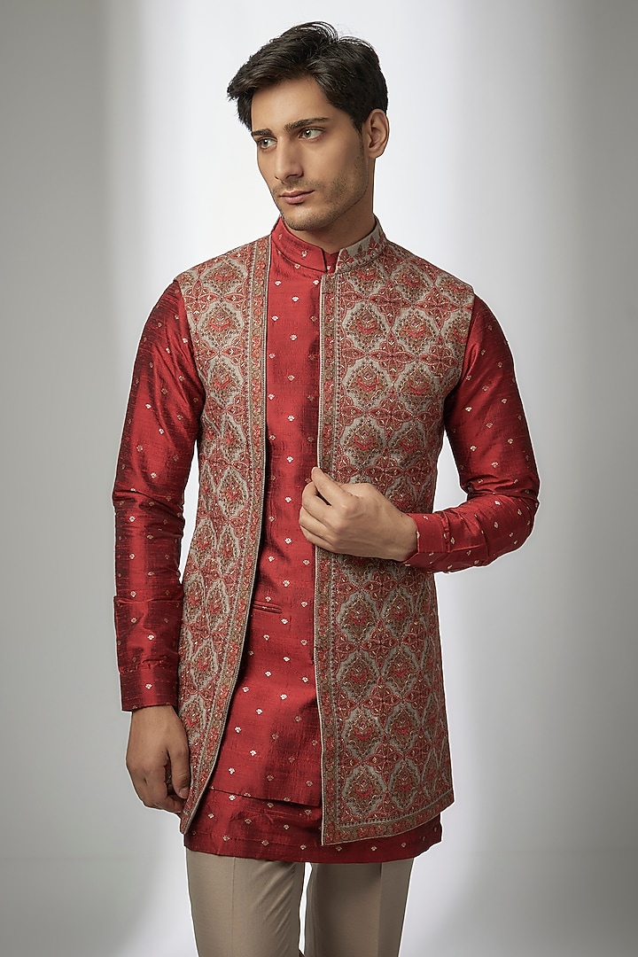 Multi-Colored Silk Kashmiri Embroidered Nehru Jacket Set by Qbik Men at Pernia's Pop Up Shop