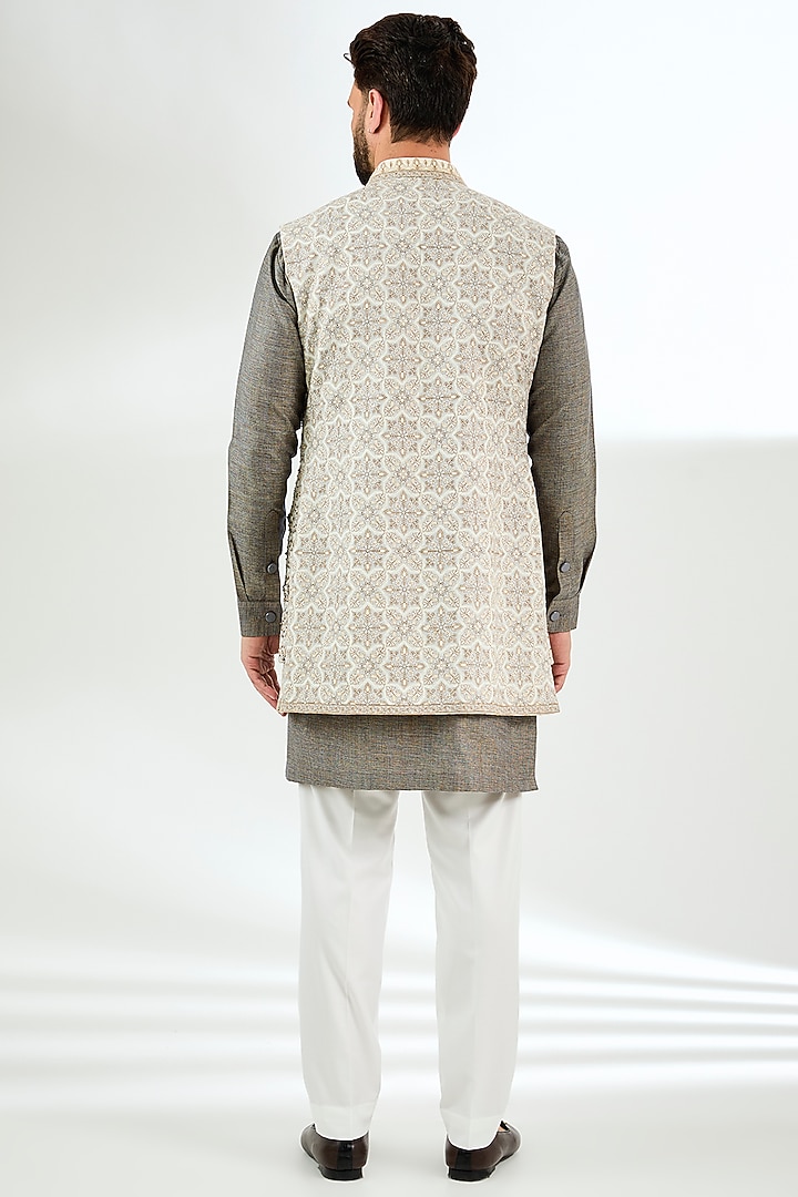 Ivory Pashmina Silk Kashmiri Embroidered Nehru Jacket Set by Qbik Men at Pernia's Pop Up Shop