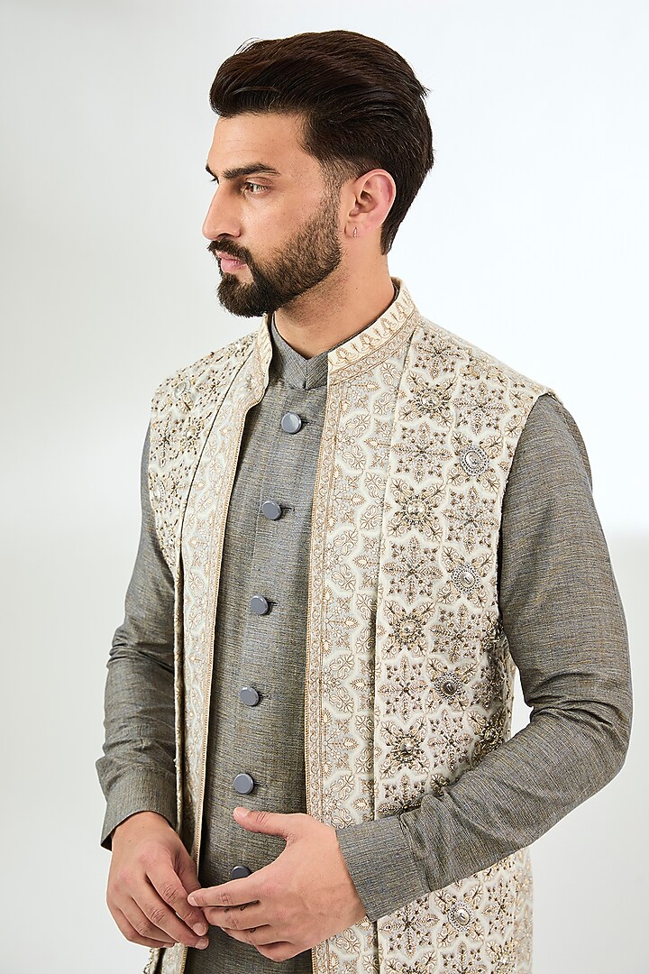 Ivory Pashmina Silk Kashmiri Embroidered Nehru Jacket Set by Qbik Men at Pernia's Pop Up Shop