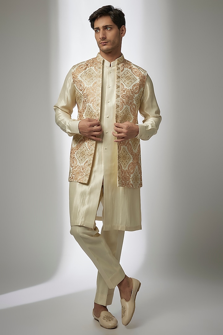 Ivory Pashmina Silk Kashmiri Embroidered Nehru Jacket Set by Qbik Men