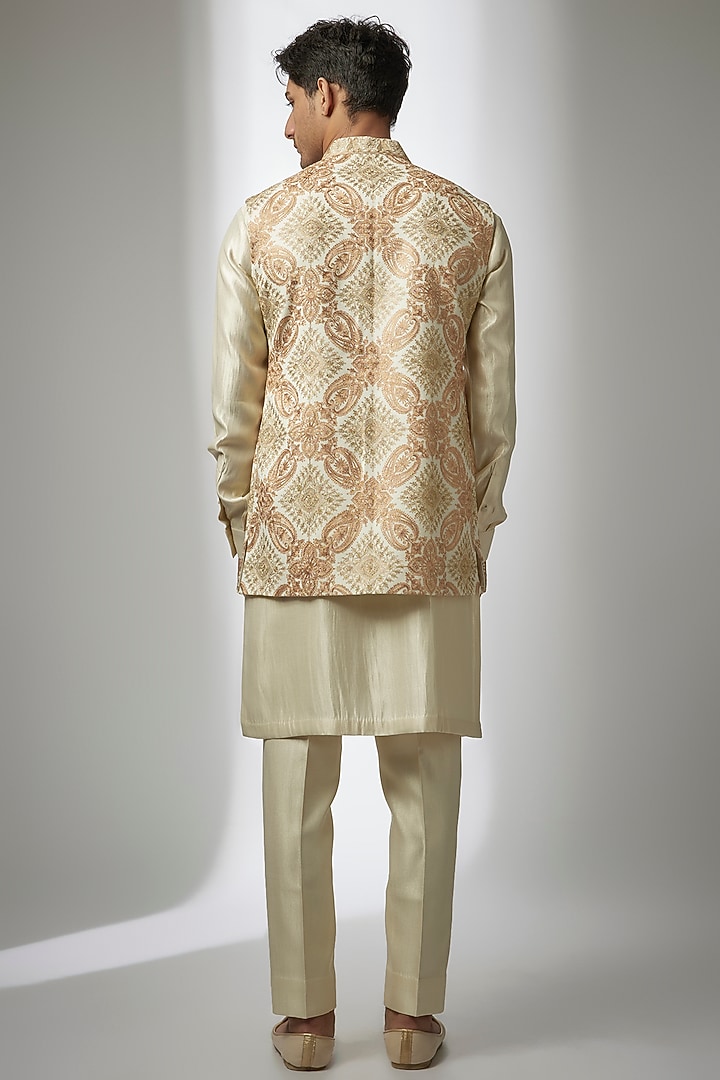 Ivory Pashmina Silk Kashmiri Embroidered Nehru Jacket Set by Qbik Men at Pernia's Pop Up Shop