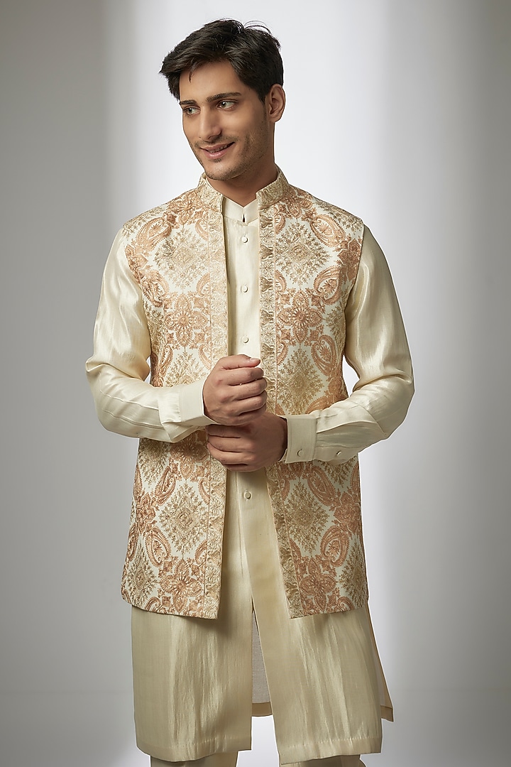 Ivory Pashmina Silk Kashmiri Embroidered Nehru Jacket Set by Qbik Men at Pernia's Pop Up Shop
