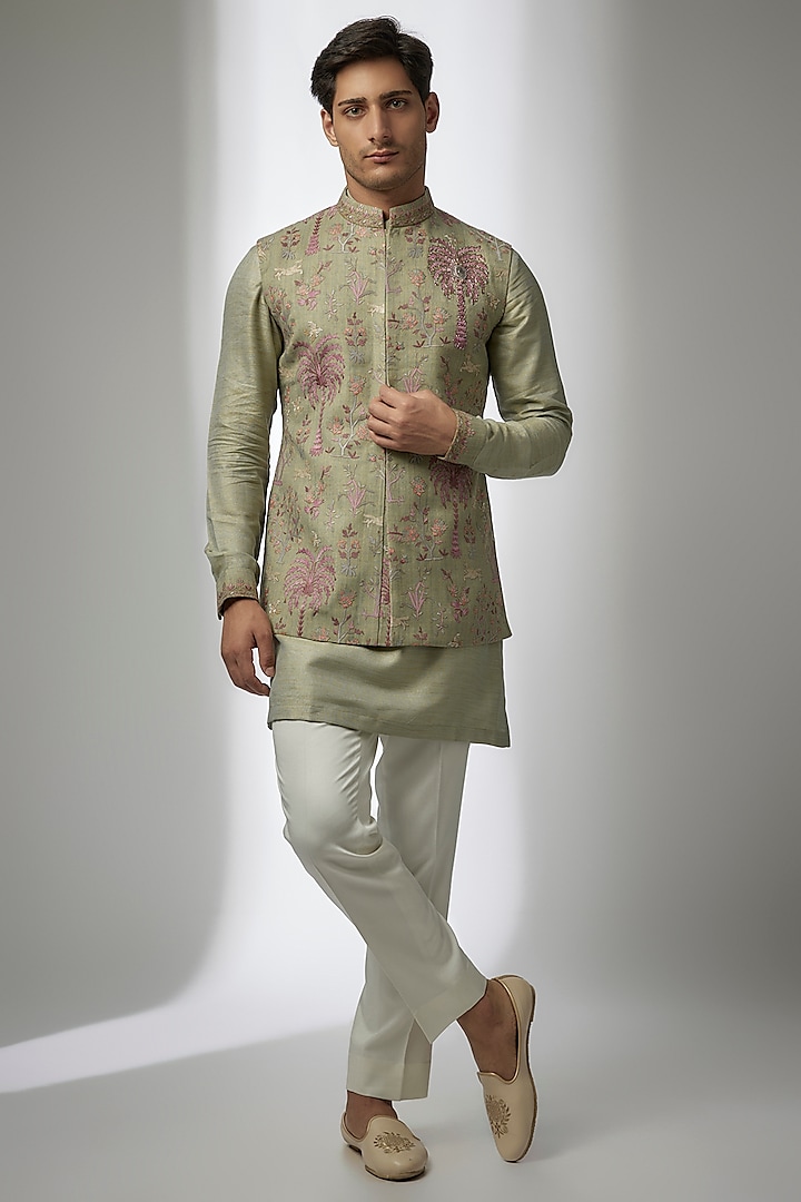 Mint Pashmina Silk Kashmiri Embroidered Nehru Jacket Set by Qbik Men