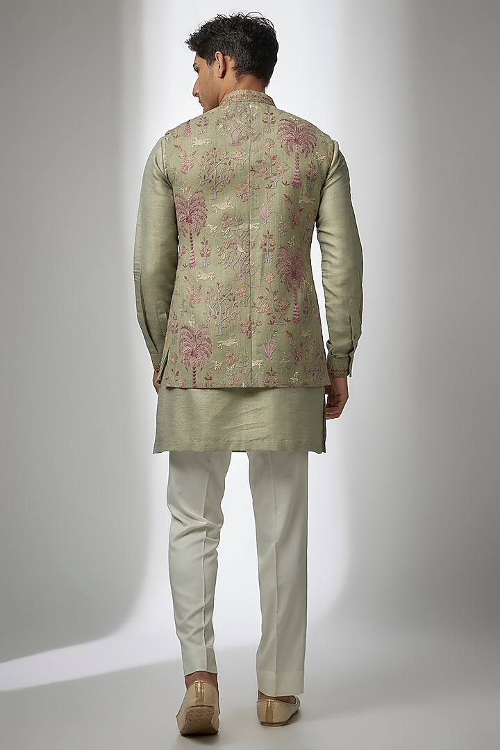 Mint Pashmina Silk Kashmiri Embroidered Nehru Jacket Set by Qbik Men at Pernia's Pop Up Shop
