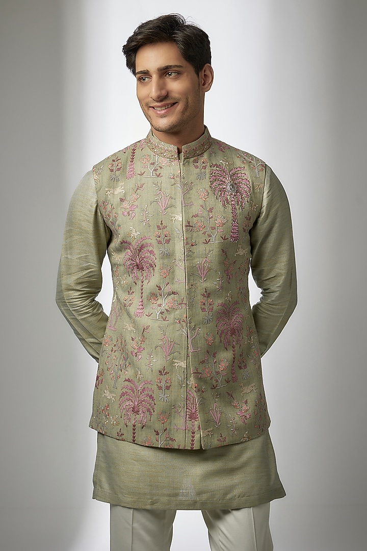 Mint Pashmina Silk Kashmiri Embroidered Nehru Jacket Set by Qbik Men at Pernia's Pop Up Shop