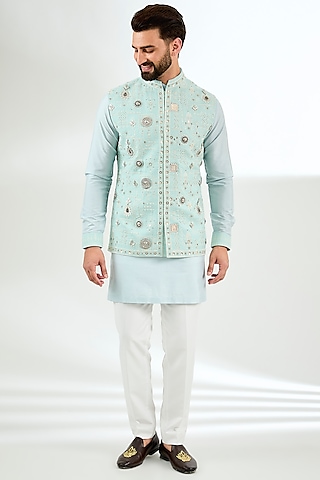 Powder Blue Pashmina Silk Embroidered Nehru Jacket Set by Qbik Men