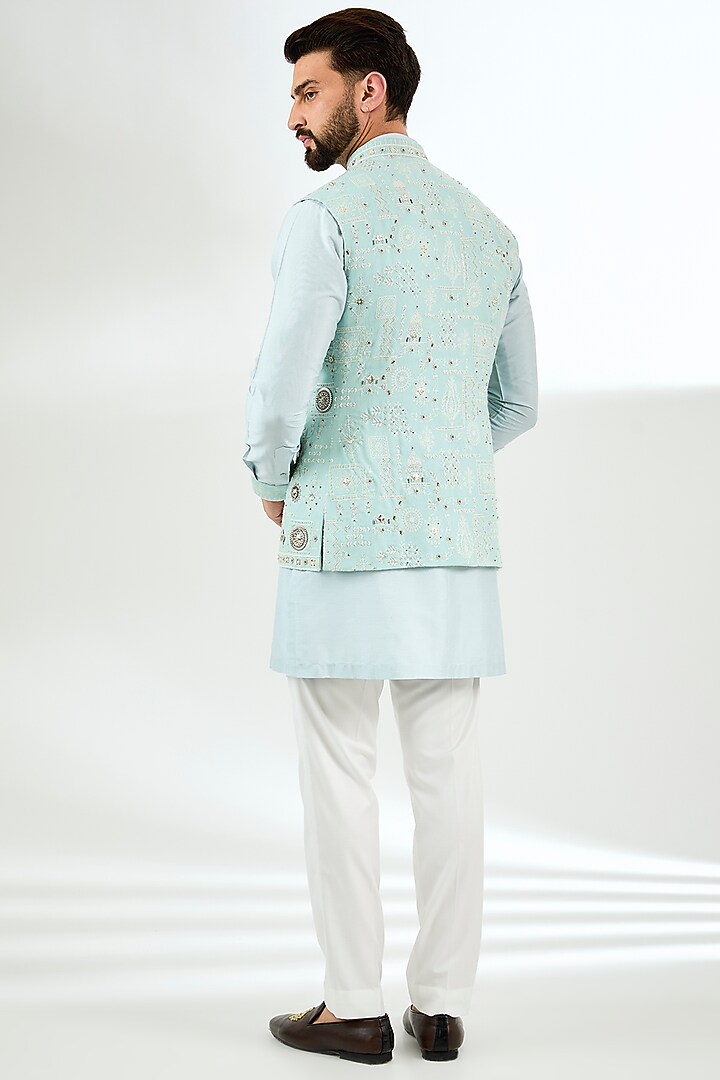 Powder Blue Pashmina Silk Embroidered Nehru Jacket Set by Qbik Men at Pernia's Pop Up Shop
