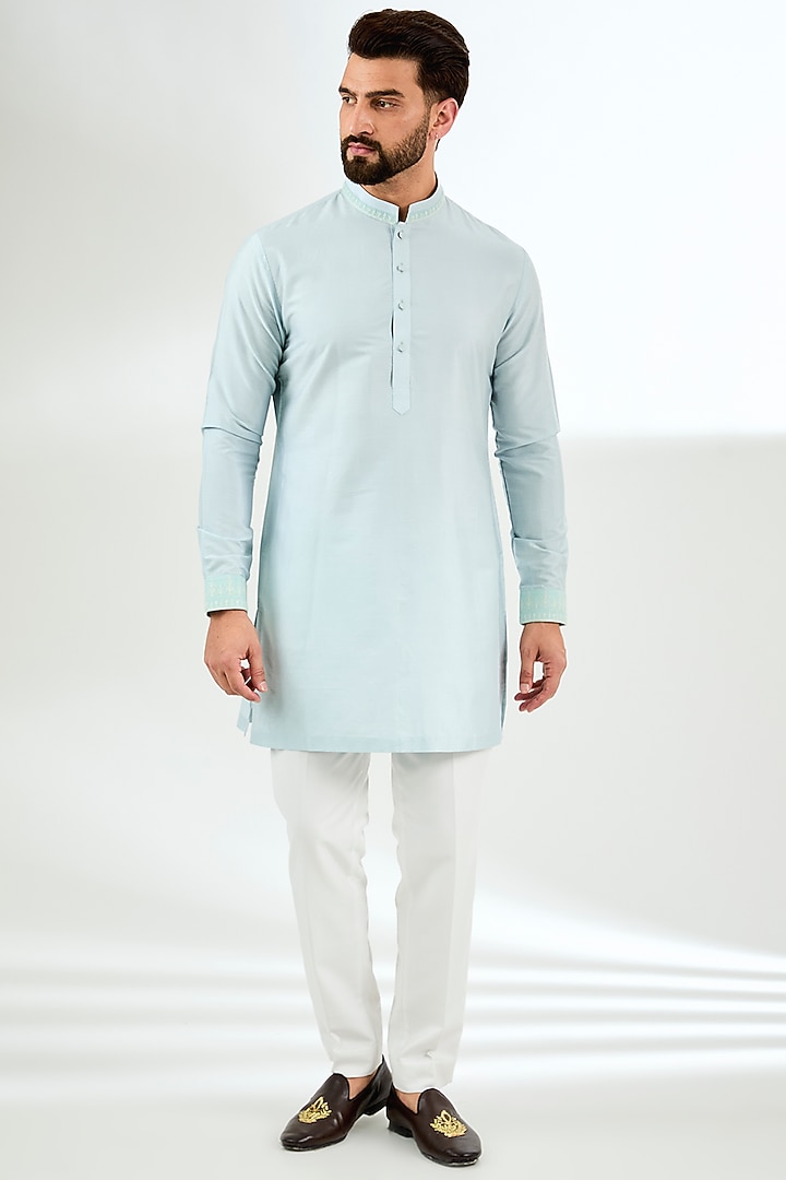 Powder Blue Pashmina Silk Embroidered Nehru Jacket Set by Qbik Men at Pernia's Pop Up Shop