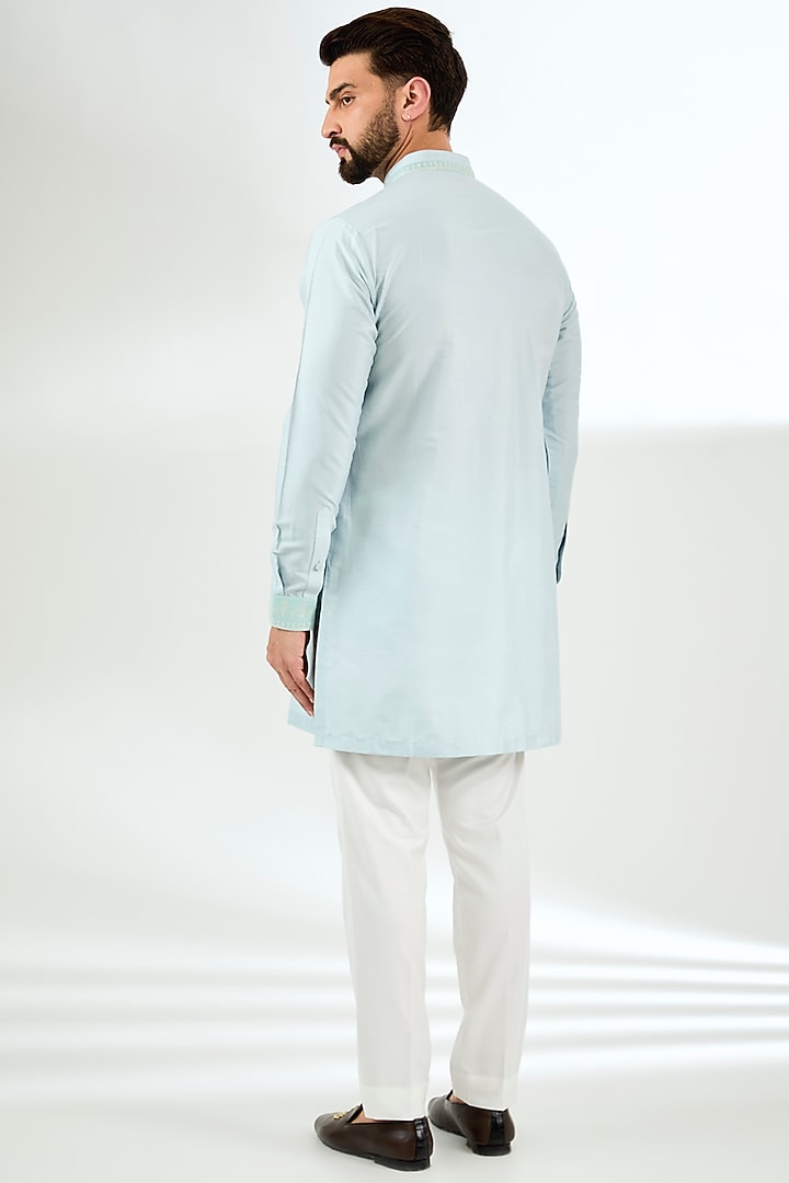 Powder Blue Pashmina Silk Embroidered Nehru Jacket Set by Qbik Men at Pernia's Pop Up Shop