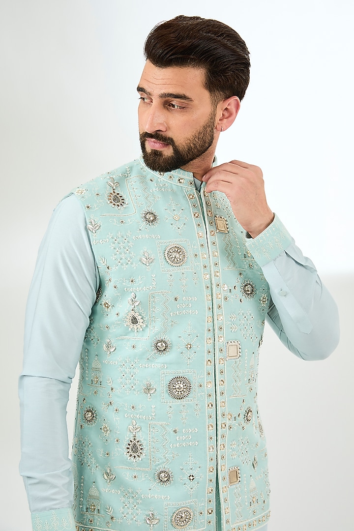 Powder Blue Pashmina Silk Embroidered Nehru Jacket Set by Qbik Men at Pernia's Pop Up Shop