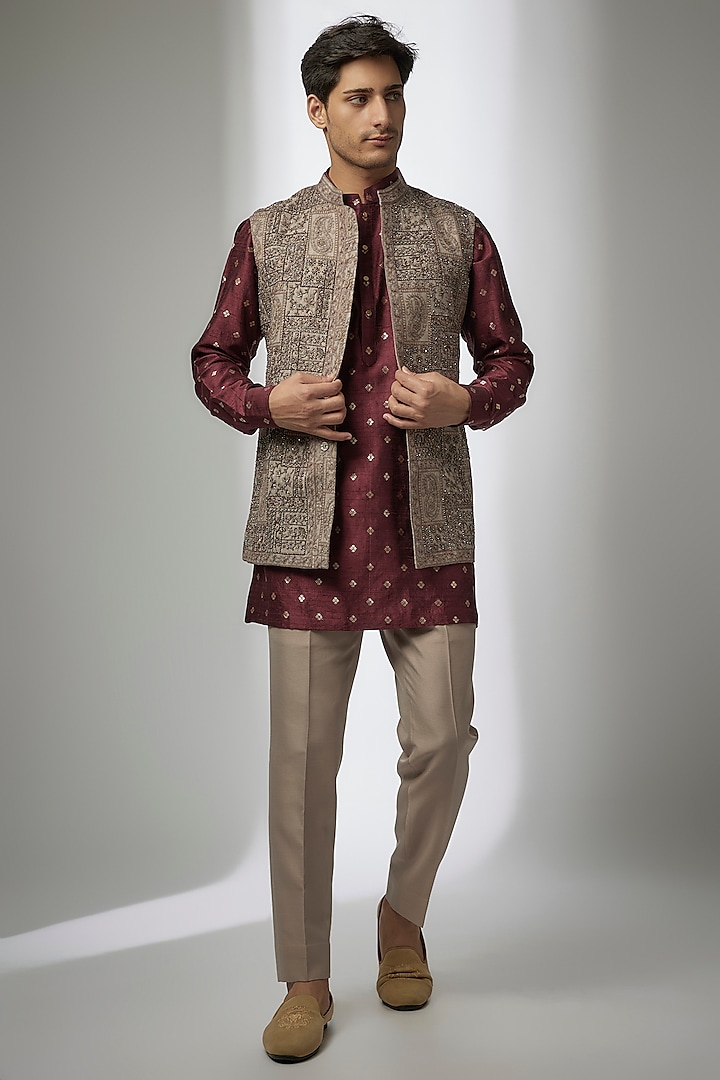 Grey Silk Kashmiri Embroidered Nehru Jacket Set by Qbik Men