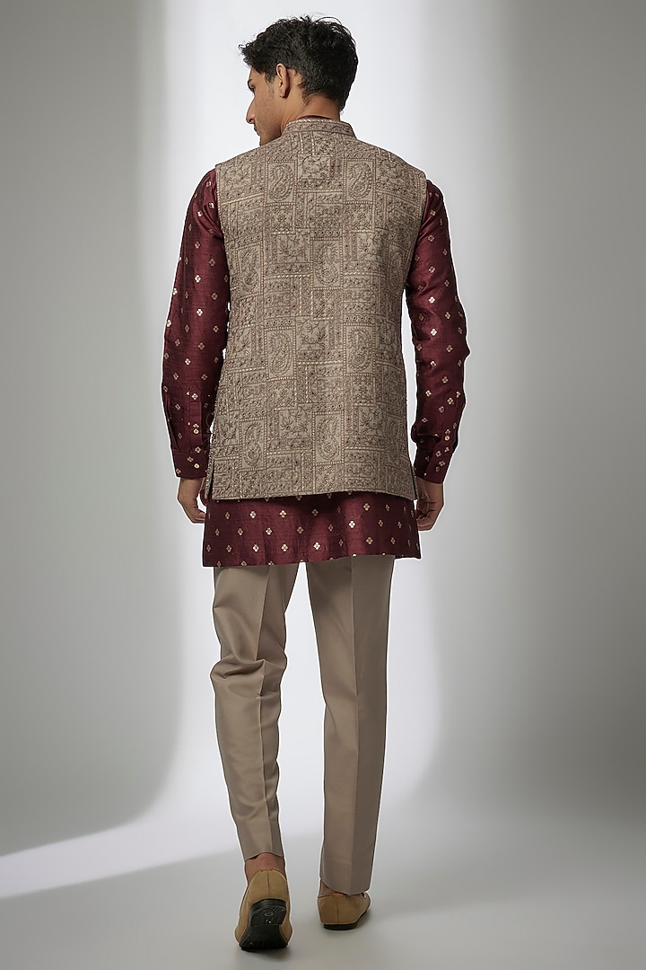 Grey Silk Kashmiri Embroidered Nehru Jacket Set by Qbik Men at Pernia's Pop Up Shop