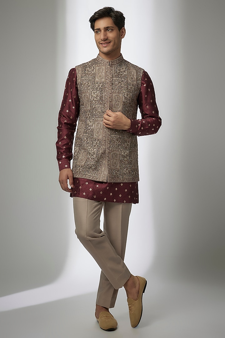 Grey Silk Kashmiri Embroidered Nehru Jacket Set by Qbik Men at Pernia's Pop Up Shop