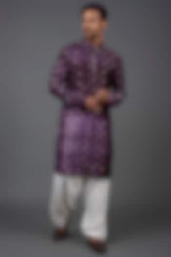 Purple Banarasi Silk Bandhani Printed Kurta Set by Qbik Men