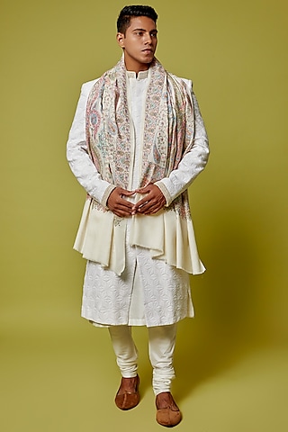 Off-White Wool Embroidered Stole by Qbik Men