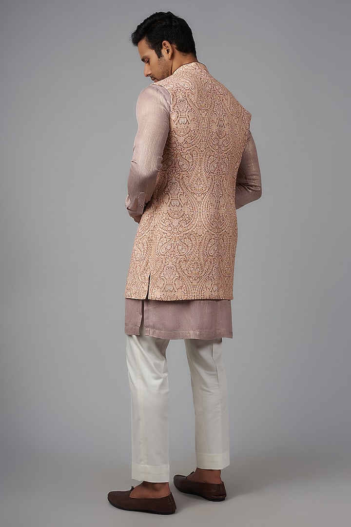 Peach Silk Printed Wedding Indowestern by Qbik Men at Pernia's Pop Up Shop