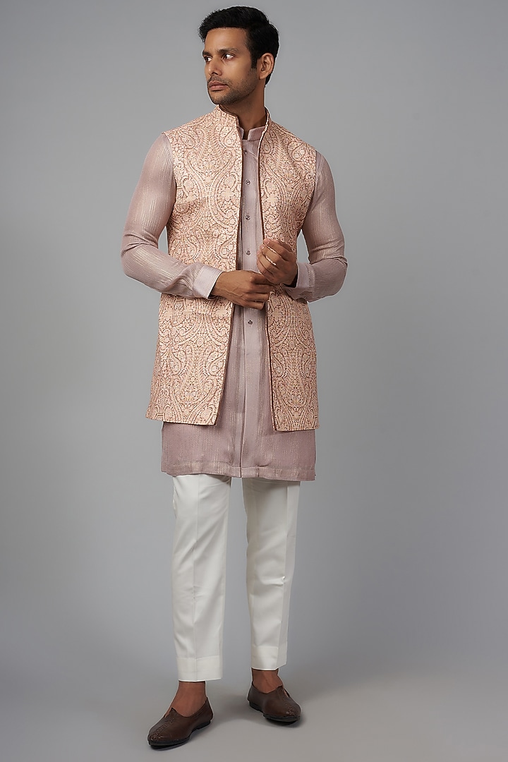 Peach Silk Printed Wedding Indowestern by Qbik Men at Pernia's Pop Up Shop