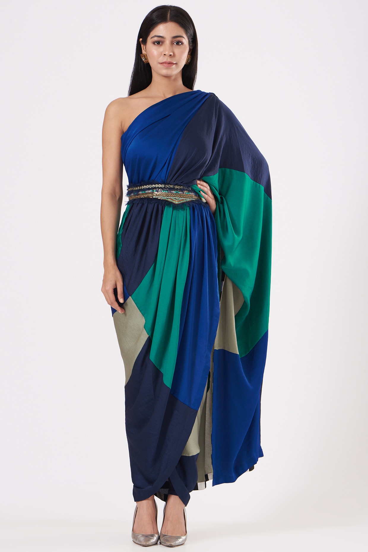 Blue Color Blocked One-Shoulder Pant Saree Design by QBIK at Pernia's Pop  Up Shop 2024