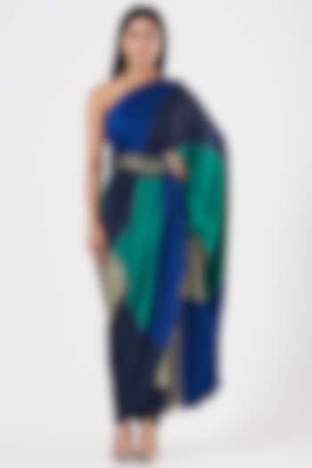 Blue Crepe Satin & Lycra Color-Blocked One-Shoulder Draped Pant Saree by QBIK