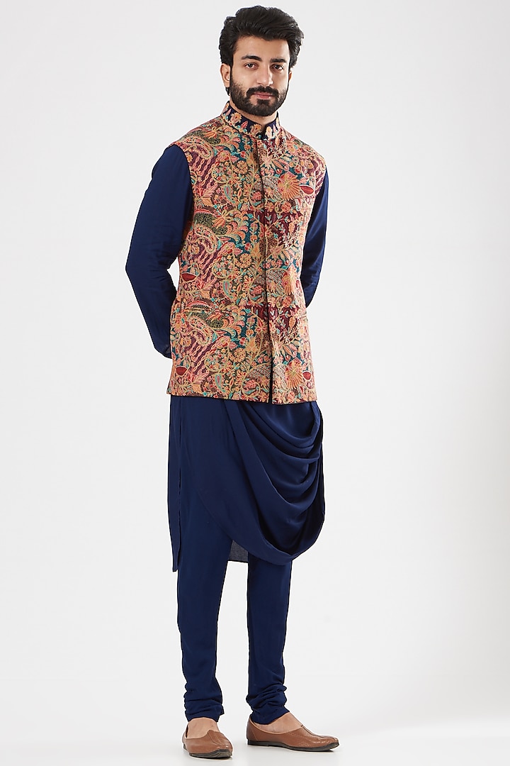 Multi-Colored Viscose Wool Printed Bundi Jacket Set by Qbik Men