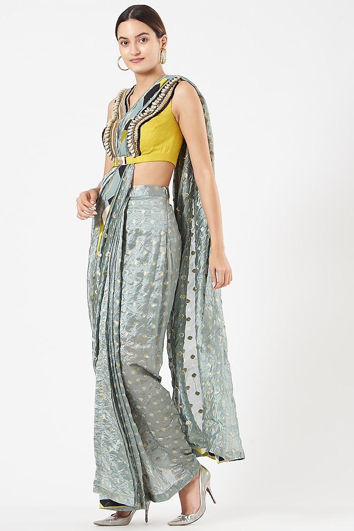 Grey Raw Silk & Banarasi Silk Embroidered Pre-Stitched Saree Set by QBIK