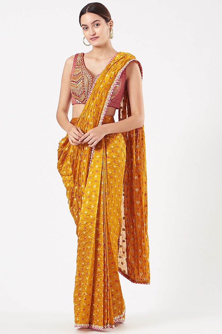 Mustard Chanderi Silk Gota & Zardosi Embroidered Pre-Stitched Saree Set by QBIK