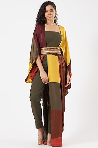Olive Green Hammer Satin Kaftan Jumpsuit by QBIK