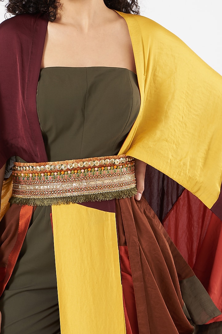 Olive Green Hammer Satin Kaftan Jumpsuit by QBIK at Pernia's Pop Up Shop