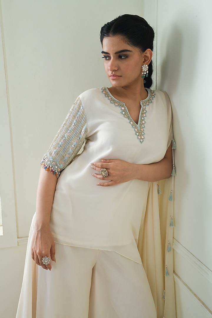 Ecru Crepe Party Wear Sharara Set by Q by Sonia Baderia at Pernia's Pop Up Shop
