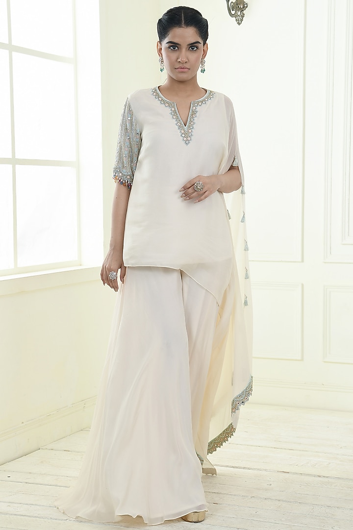 Ecru Crepe Party Wear Sharara Set by Q by Sonia Baderia at Pernia's Pop Up Shop