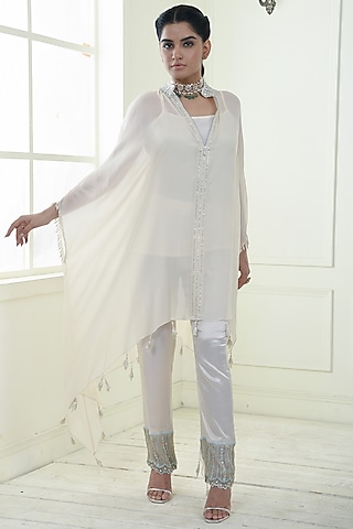 Ecru Chiffon Embroidered Kaftan Set by Q by Sonia Baderia