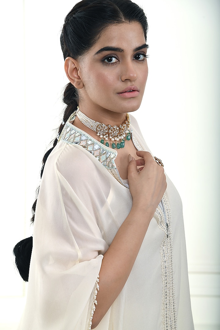 Ecru Chiffon Embroidered Kaftan Set by Q by Sonia Baderia at Pernia's Pop Up Shop