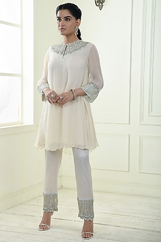 Ecru Chiffon Embroidered Kurta Set by q by sonia baderia-MORE FROM Q by Sonia Baderia