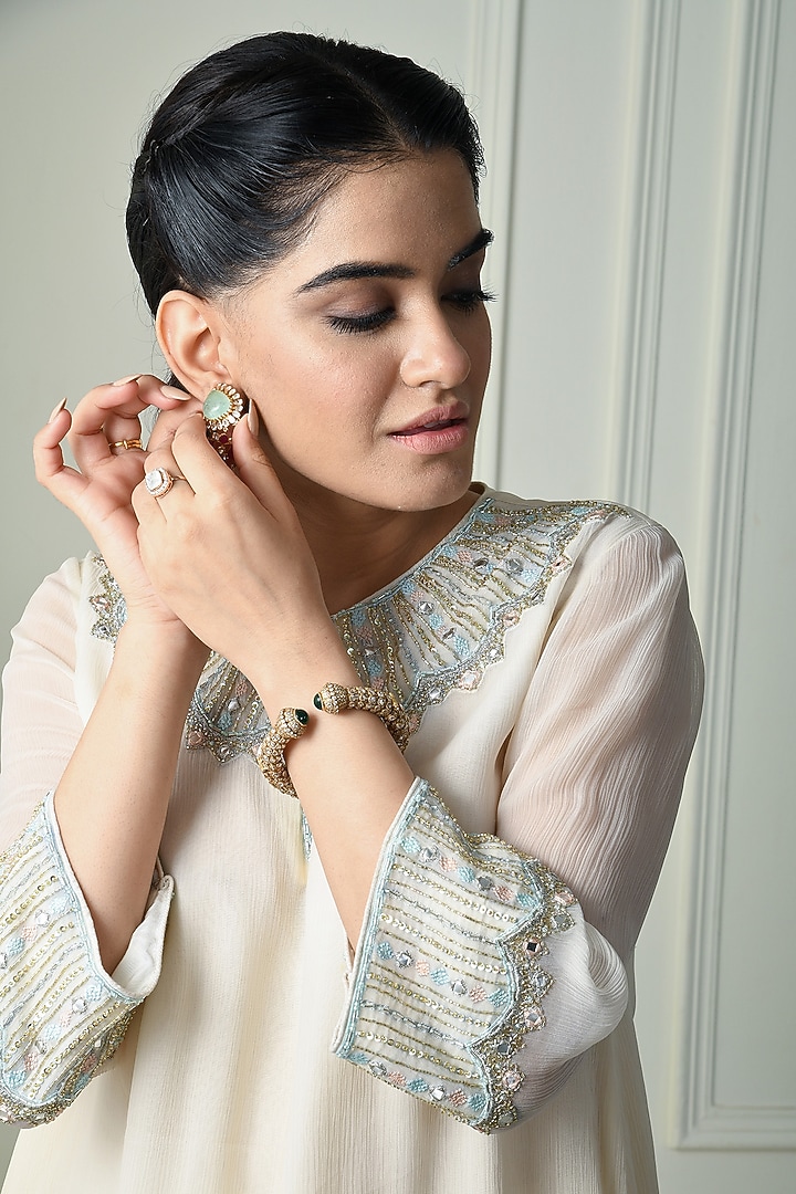 Ecru Chiffon Embroidered Kurta Set by Q by Sonia Baderia at Pernia's Pop Up Shop
