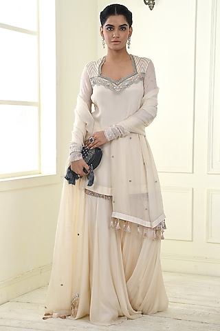 Ecru Crepe Sharara Set by Q by Sonia Baderia