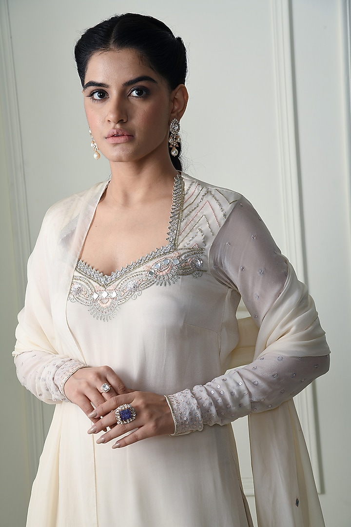 Ecru Crepe Party Wear Sharara Set by Q by Sonia Baderia at Pernia's Pop Up Shop