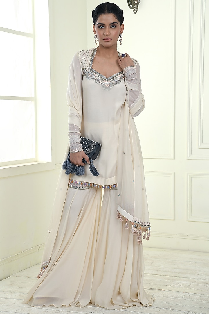 Ecru Crepe Party Wear Sharara Set by Q by Sonia Baderia at Pernia's Pop Up Shop
