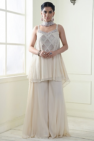 Ecru Crepe Sharara Set by Q by Sonia Baderia
