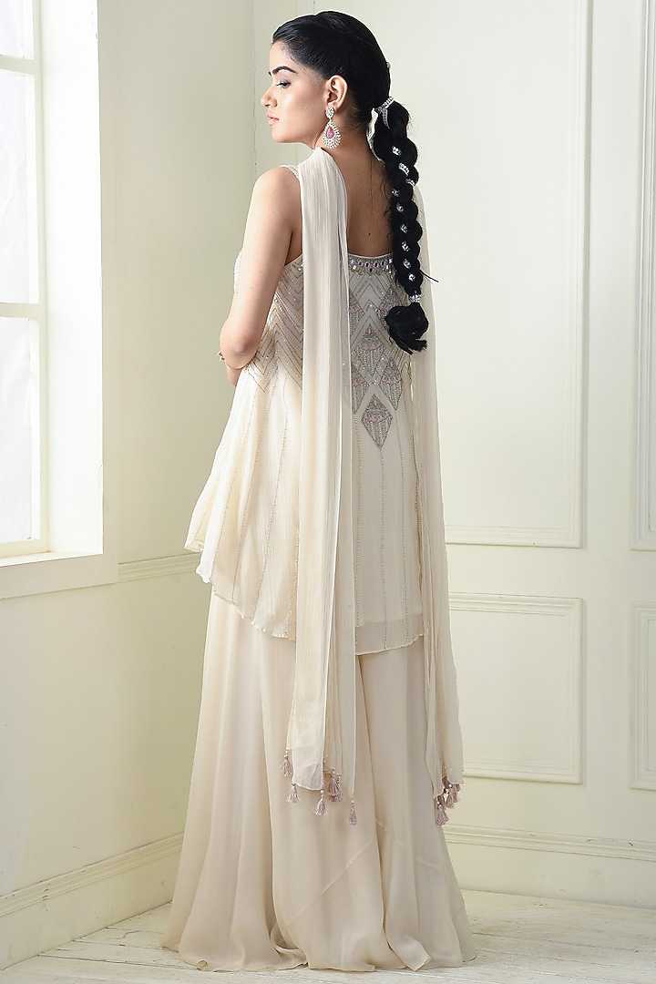 Ecru Crepe Party Wear Sharara Set by Q by Sonia Baderia at Pernia's Pop Up Shop