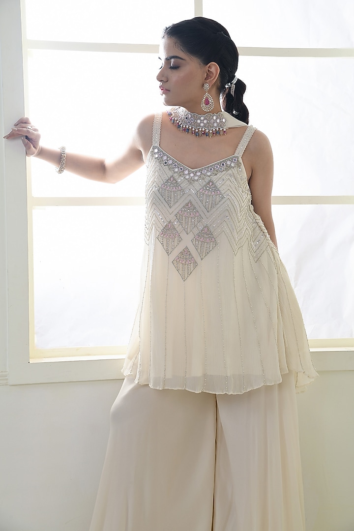 Ecru Crepe Party Wear Sharara Set by Q by Sonia Baderia at Pernia's Pop Up Shop