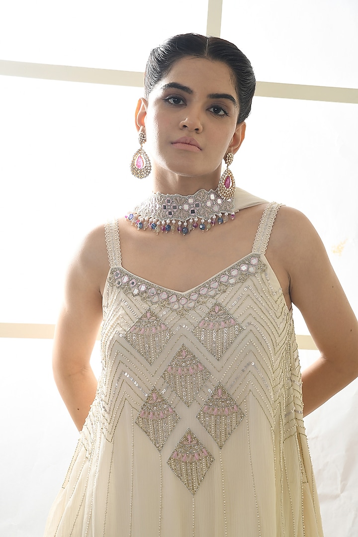 Ecru Crepe Party Wear Sharara Set by Q by Sonia Baderia at Pernia's Pop Up Shop