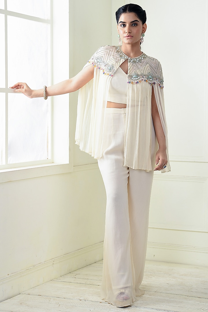 Ecru Chiffon Embroidered Cape Set by Q by Sonia Baderia