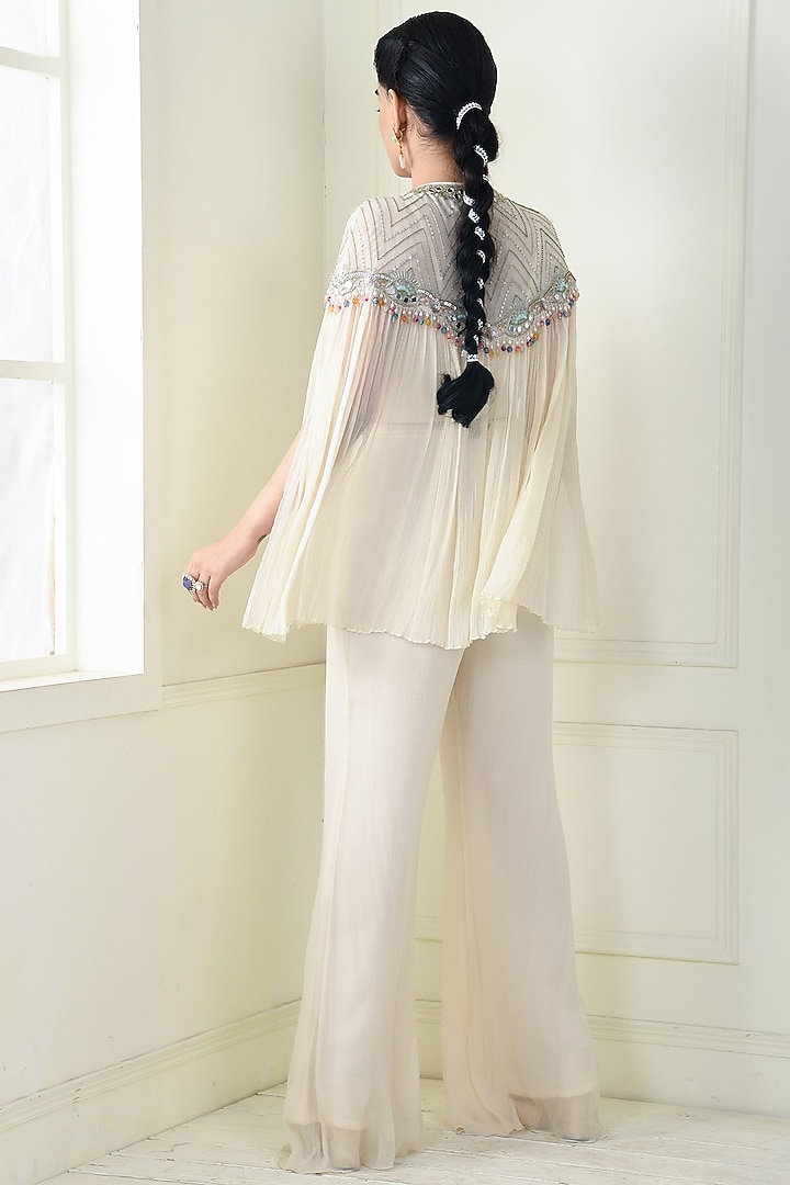 Ecru Chiffon Embroidered Cape Set by Q by Sonia Baderia at Pernia's Pop Up Shop