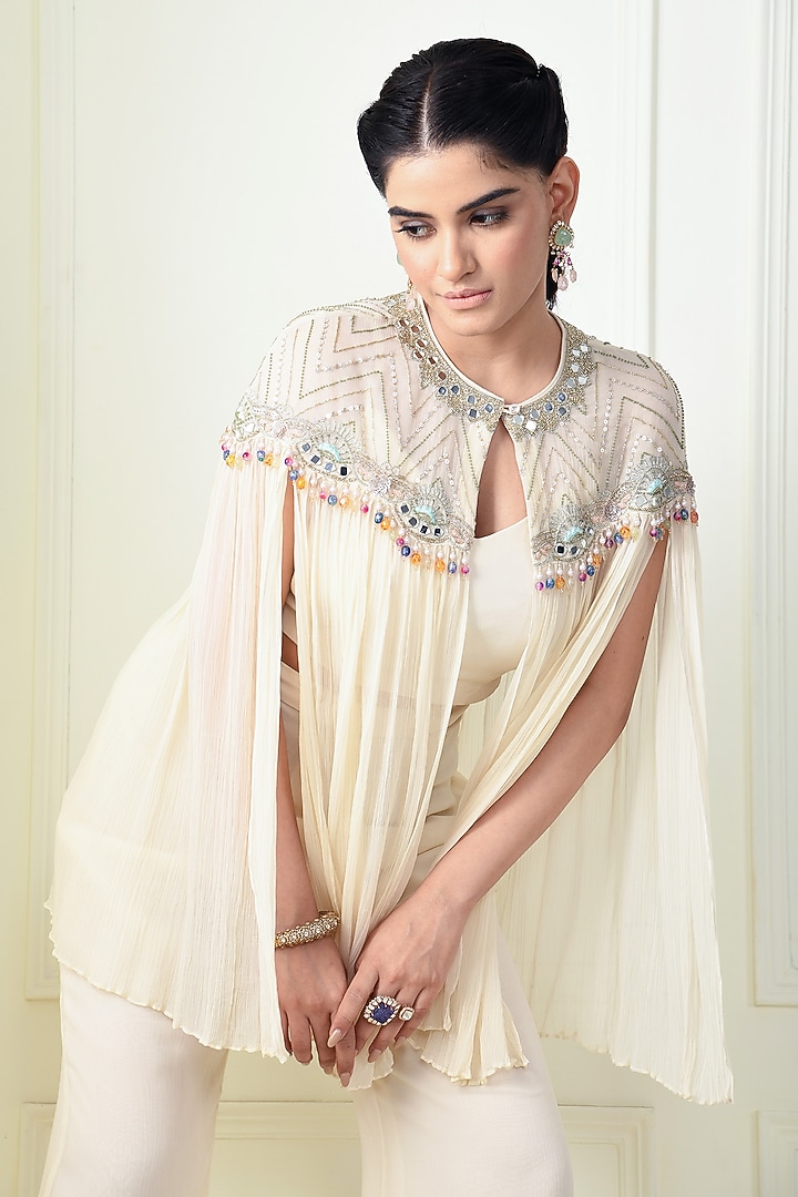 Ecru Chiffon Embroidered Cape Set by Q by Sonia Baderia at Pernia's Pop Up Shop