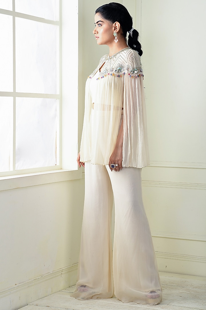 Ecru Chiffon Embroidered Cape Set by Q by Sonia Baderia at Pernia's Pop Up Shop