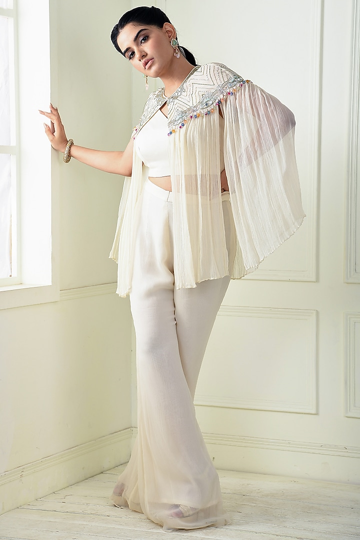 Ecru Chiffon Embroidered Cape Set by Q by Sonia Baderia at Pernia's Pop Up Shop