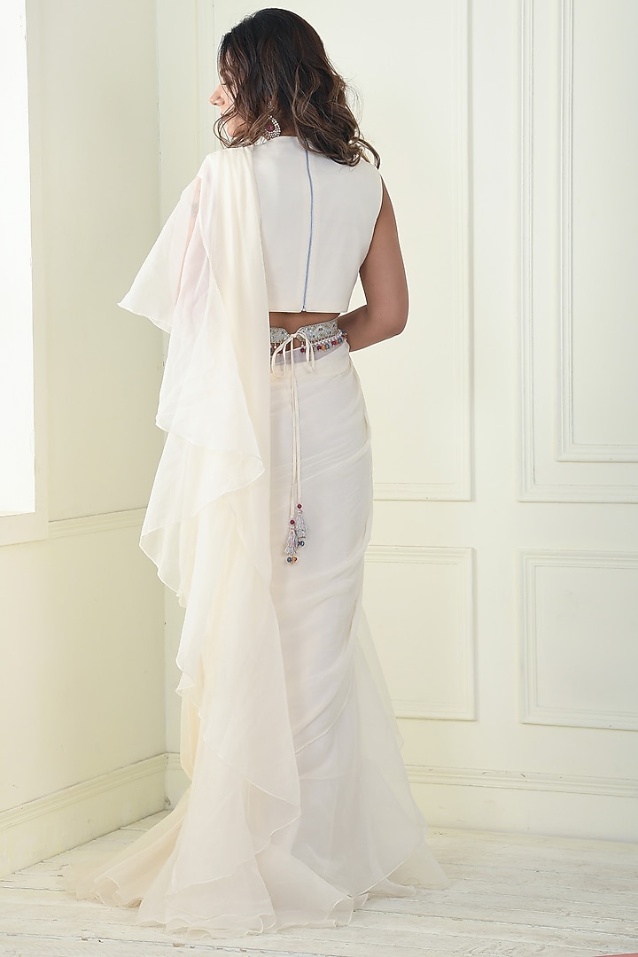 Ecru Crepe & Organza Draped Ruffled Party Wear Saree Set by Q by Sonia Baderia at Pernia's Pop Up Shop