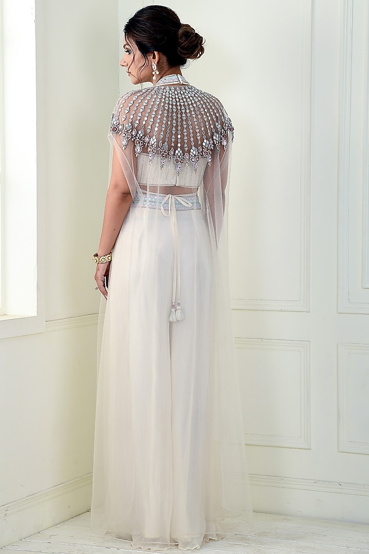 Ecru Net Embellished Cape Set by Q by Sonia Baderia at Pernia's Pop Up Shop